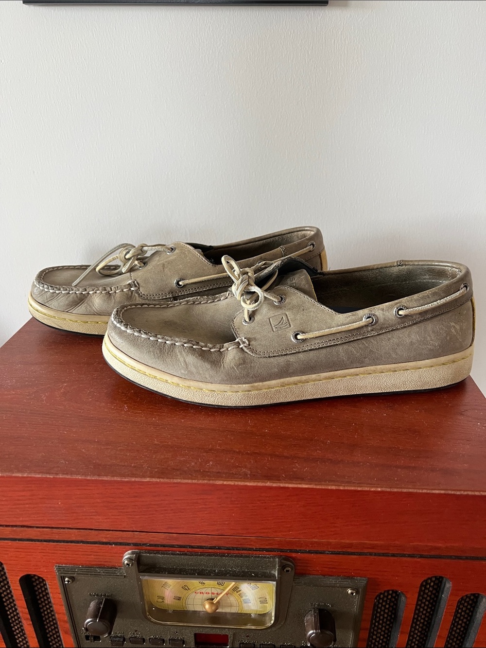 Sperry Taupe Suede Boat Shoes with Cream Laces
